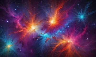 Poster - a vibrant cosmic scene with swirling nebulae in shades of orange, blue, and purple, set against a dark background filled with stars