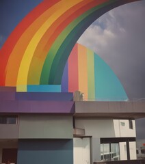 Poster - A large, colorful rainbow arches over a modern building, creating a striking visual contrast against the cloudy sky