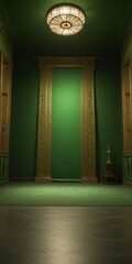 Poster - A grand, ornate room with a green wall, gold columns, and a chandelier, set against a dark green floor