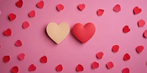 Fototapete - Two paper hearts, one red and one beige, are centered against a pink background with scattered red heart shapes