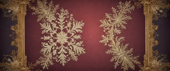 Poster - a close-up view decorative floral pattern on a burgundy background, framed by an ornate gold border