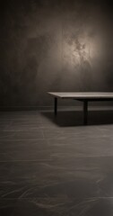 Fototapete - A minimalist black and white photograph rectangular table with a dark surface, set against a textured wall with a single light source