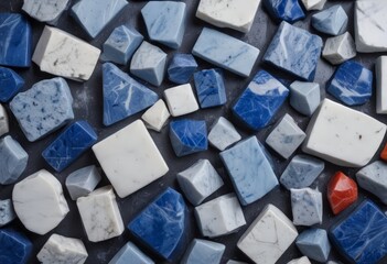Aufkleber - A collection of various-sized blue, white, and red stones arranged on a dark background