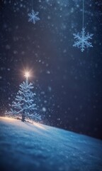 Aufkleber - A small, snow-covered Christmas tree stands on a snowy hill, its branches illuminated by a bright light, with two snowflakes suspended in the air above