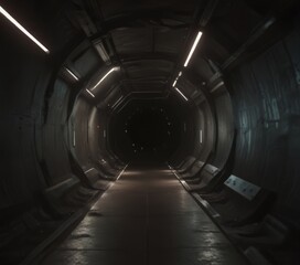 Fototapete - A dimly lit, long, cylindrical tunnel with a circular opening at the end, illuminated by a series of white lights