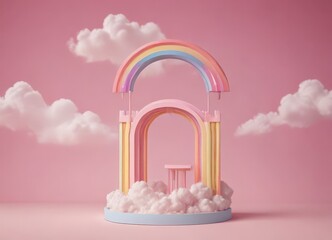 Fototapete - A whimsical, three-dimensional scene featuring a pink and yellow archway with a rainbow-colored arch, set against a pink background with fluffy white clouds