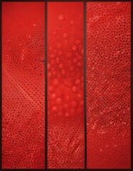 Poster - a triptych featuring three distinct sections red surface with varying patterns and textures The top section is a vertical red stripe with a polka dot