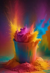 Leinwandbilder - A vibrant explosion of color erupts from a blue cup, surrounded by a cloud of powdery hues in shades of yellow, orange, and pink