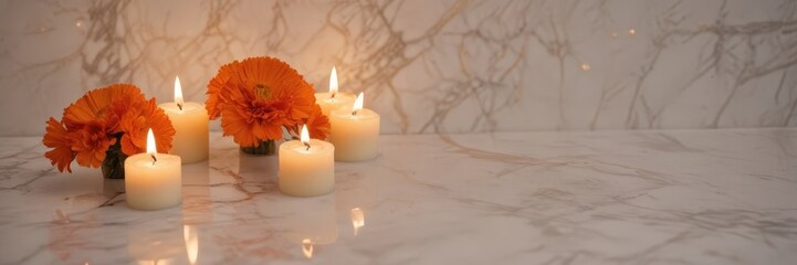 Poster - Six white candles with orange flowers in vases are arranged on a marble countertop, with the background blurred to focus attention on the candles