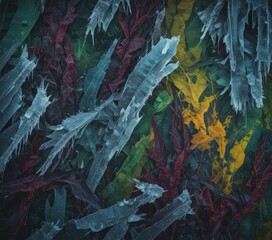 Fototapete - a close-up view plant with long, thin, and sharp leaves, with a mix of green, purple, and yellow colors