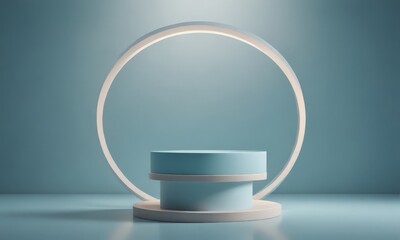 Aufkleber - A minimalist stage stand with a circular light fixture and a blue platform is set against a light blue background
