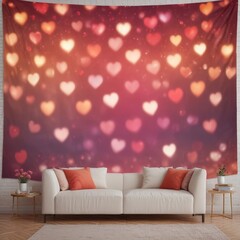 Poster - A living room with a white sofa and two side tables, one with a plant and the other with a book, set against a large tapestry with a heart-shaped pattern in warm colors