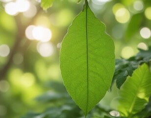 Poster - A close-up view large, vibrant green leaf with a thin, dark line running down its center, set against a blurred, natural background of other leaves and foliage