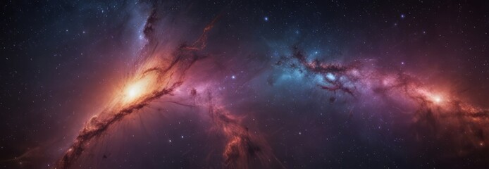 Poster - a vibrant cosmic scene, featuring a swirling nebula with a bright orange and red center, surrounded by a dark blue and purple background speckled with numerous stars