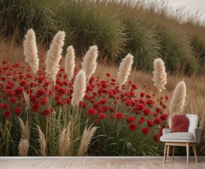 Poster - A serene garden scene with tall pampas grass and red flowers, set against a backdrop hillside with trees