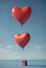 Leinwandbilder - Two heart-shaped balloons float in the sky, connected to a small red box with a white heart symbol, against a backdrop clear blue sky