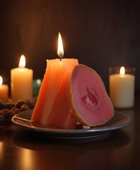 Fototapete - A slice of orange fruit rests on a dark plate, illuminated by a single candle flame, with other candles and pine cones in the background