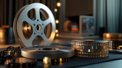 A 3D digital rendering of a film reel and canister, showcasing classic cinema elements, with theatrical movie clips and negatives