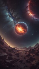 Leinwandbilder - a surreal, cosmic landscape with a fiery planet dominating the center, surrounded by a starry night sky and a distant galaxy