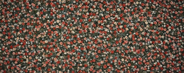 Fototapete - A vibrant floral arrangement composed of numerous small red, white, and orange flowers fills the frame, creating a visually striking and textured composition