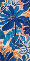 Poster - a vibrant, abstract floral pattern with a large blue flower at the center, surrounded by smaller blue and orange flowers and leaves