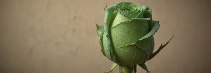 Aufkleber - A single, vibrant green rose bud stands out against a beige background, its delicate petals and leaves creating a serene and natural scene