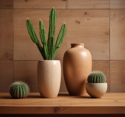 Leinwandbilder - A still life arrangement featuring a potted cactus plant, two ceramic vases, and a small cactus in a white bowl, set against a wooden background