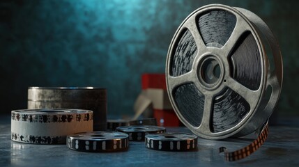 A 3D digital rendering of a film reel and canister, showcasing classic cinema elements, with theatrical movie clips and negatives