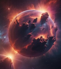 Leinwandbilder - a large, rocky planet with a fiery orange and red surface, surrounded by a cosmic backdrop of stars and nebulae