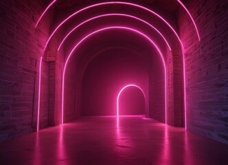 Poster - A long, dimly lit corridor with a series of arched pink lights lining the walls, creating a tunnel-like effect