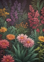Aufkleber - a vibrant and lush garden scene, featuring a variety of colorful flowers and plants The flowers, including daisies, daffodils, and sunflowers, are arranged in a way that