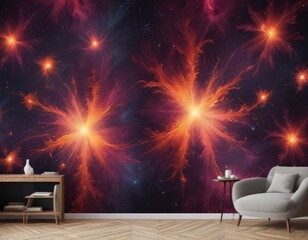 Fototapete - a living room with a large, vibrant mural depicting a cosmic scene with swirling nebulae and stars on the wall