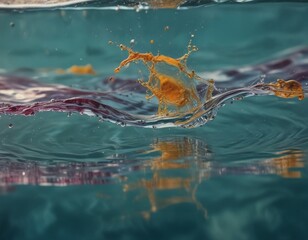 Aufkleber - A splash of orange and yellow liquid creates a dynamic reflection on the water's surface, with a blurred background suggesting movement