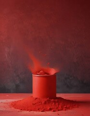 Fototapete - A red can filled with a vibrant red powder is shown, with the powder being forcefully expelled, creating a dynamic and visually striking scene