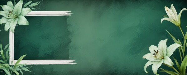 Fototapete - A white frame with a floral border is centered against a dark green background, with two white lilies on either side