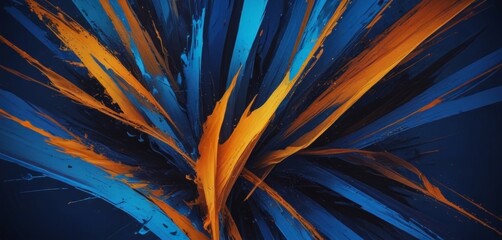 Poster - a striking abstract composition of intersecting lines and splashes of color, predominantly blue and orange, against a dark blue background