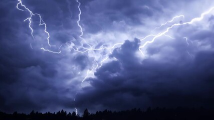 Wall Mural - Powerful lightning storm illuminating the night sky, creating a dramatic scene of nature's raw beauty. Silhouetted trees add to the breathtaking sight
