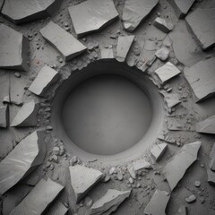 Fototapete - A black and white large hole in the ground, surrounded by rubble and debris