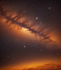 Poster - The Milky Way galaxy stretches across the night sky, its dark silhouette contrasting against the vibrant orange and yellow hues of the surrounding stars