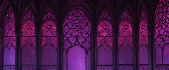 Poster - a Gothic-style interior with intricate arched windows and a central archway, illuminated by a purple light