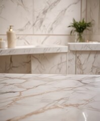 Leinwandbilder - A marble countertop with a vase of greenery in the background, set against a marble wall with a soap dispenser