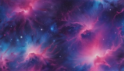 Poster - a vibrant cosmic scene, featuring swirling nebulae in shades of pink, blue, and purple, with numerous stars scattered throughout the dark background
