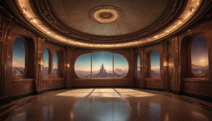 Aufkleber - a grand, circular room with a high, domed ceiling and a large circular window offering a panoramic view distant cityscape