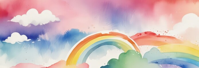Fototapete - A vibrant watercolor painting depicts a rainbow arching across a sky filled with fluffy white clouds, with a pink and purple gradient background