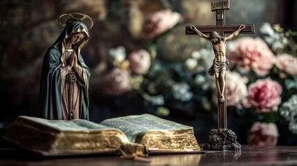 A Catholic crucifixion scene with the Virgin Mary and a Bible, symbolizing Easter, Lent, and Jesus Christ resurrection