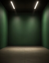 Poster - An empty room with green walls and a concrete floor, illuminated by two rectangular lights on the ceiling