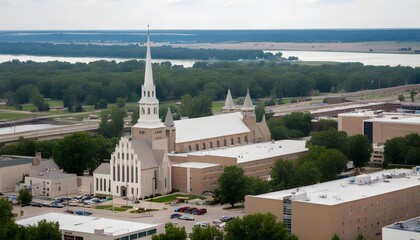 Wall Mural - Majestic aerial perspective of a cathedral alongside the Missouri River in Yankton, South Dakota