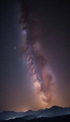 Poster - The Milky Way galaxy, a spiral galaxy, is visible in the night sky, with a bright orange and white center and a dark blue and purple outer edge
