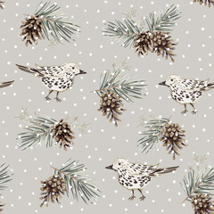 Wall Mural - Christmas seamless pattern, birds, pine twigs, cones, snow, beige background. Vector illustration. Nature design. Season greeting. Winter holidays