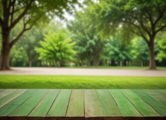 Poster - A wooden table sits in the foreground, with a lush, verdant park in the background, featuring a variety of trees and grass